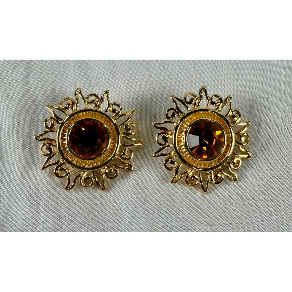 Kenneth Jay Lane KJL Gold Tone Amber Sunburst Clip On Earrings Vintage Statement